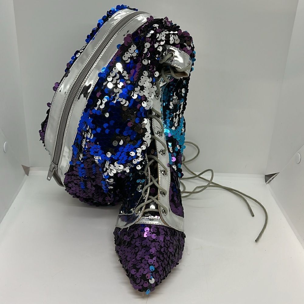Sequin Lace-Up Pointed Toe Heels in Purple and Blue - Picture 7 of 8